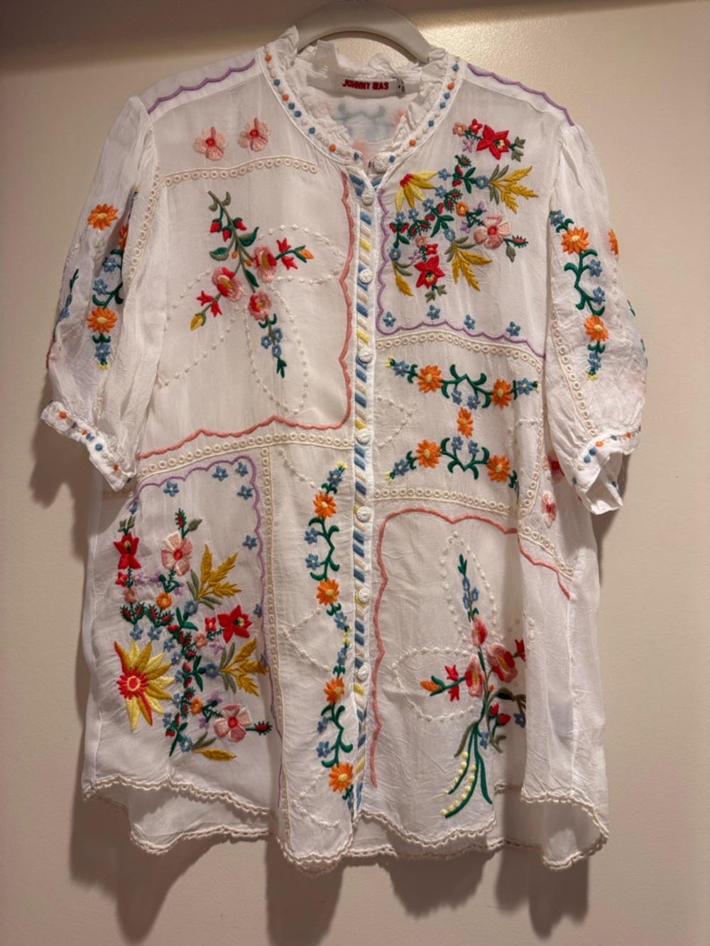 Johnny Was White Boho Embroidered Peasant Blouse